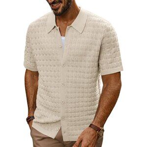 💫 Men Cream Casual Summer Beach Shirts Short Sleeve Button Down Fashion Shirt